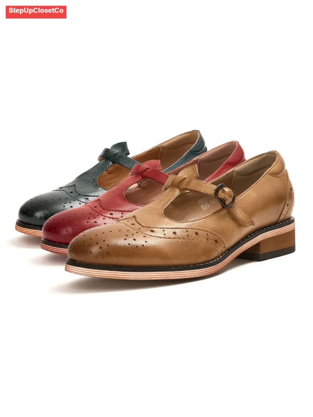 Sheepskin Leather Wingtip Mary Jane Flats T Strap